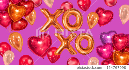 XO Valentines day banner with heart shaped 3d balloon illustration. Purple and golden carnival background. Suitable for romantic flyer template and party poster. Ideal for holiday celebration design. XO Valentines day banner with heart shaped 3d balloon illustration. Purple and golden carnival background. Suitable for romantic flyer template and party poster. Ideal for holiday celebration design. 134767998