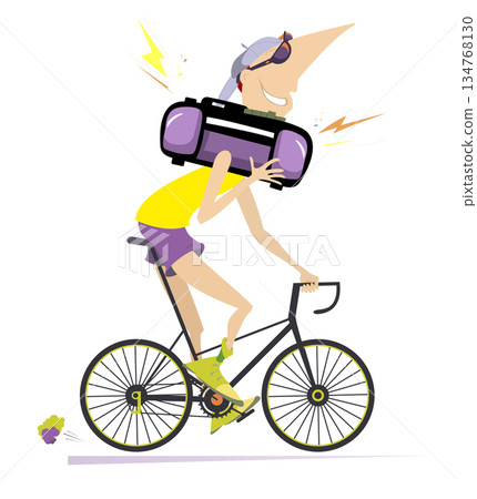 Cartoon person with boom box riding a bicycle. Cycling young man listening music on ghetto blaster. Isolated on white background Cartoon person with boom box riding a bicycle. Cycling young man listening music on ghetto blaster. Isolated on white background 134768130