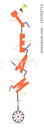 Business. Team work in business concept. Letters T, E, A, M balance on the unicycle. Isolated on white background	 134768713