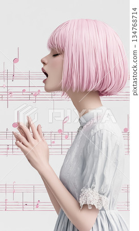 粉紅色頭髮的女孩在音樂的環繞下唱歌，插圖出自Emi系列 134768714