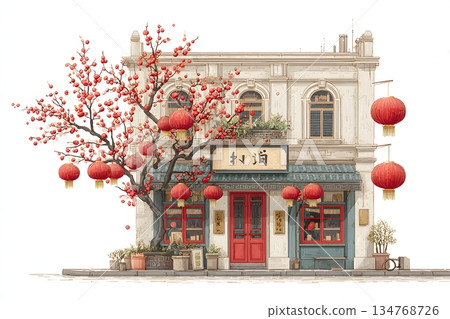 Old town architecture decorated for lunar new year illustration 134768726