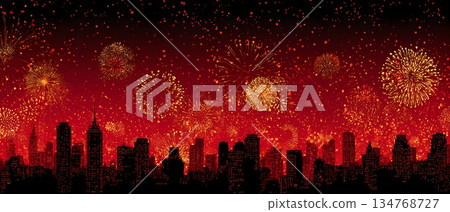 Vibrant city skyline red gold fireworks lunar new year background 134768727