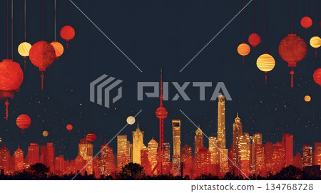Urban skyline with lantern elements festive asian new year Urban skyline with lantern elements festive asian new year 134768728