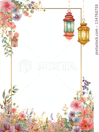 Decorative frame greeting card with lanterns and floral details 134768788
