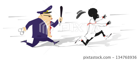 African man runs away from an angry policeman Police officer with handcuffs and baton trying to catch up an African man 134768936
