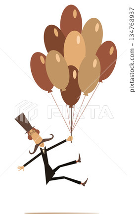 Cartoon man in the top hat flights on air balloons. Comic long mustache man in the top hat flying up holding air balloons. Isolated on white background Cartoon man in the top hat flights on air balloons. Comic long mustache man in the top hat flying up holding air balloons. Isolated on white background 134768937