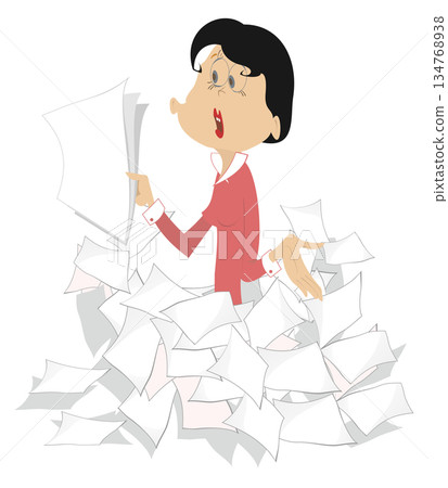Businesswoman and a pile of papers or documents. Serious woman with papers in hand surrounded with piles of papers or documents. Isolated on white background Businesswoman and a pile of papers or documents. Serious woman with papers in hand surrounded with piles of papers or documents. Isolated on white background 134768938