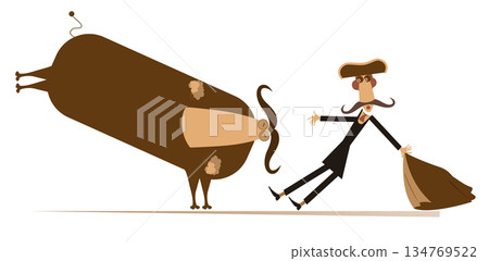 Cartoon bullfighter and a bull. Angry bull and long mustache bullfighter with a matador cape. Isolated on white background Cartoon bullfighter and a bull. Angry bull and long mustache bullfighter with a matador cape. Isolated on white background 134769522