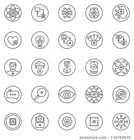AI Artificial Intelligence outline round icons set - AI digital technology concept line symbols 134769630