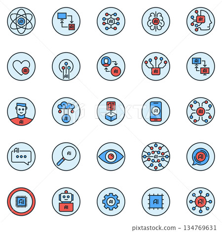 AI colored round icons set - Artificial Intelligence Innovation and science creative concept signs 134769631