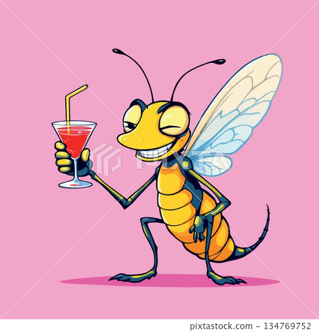 Vsai cartoon bee character winking holding cocktail drink Vsai cartoon bee character winking holding cocktail drink 134769752