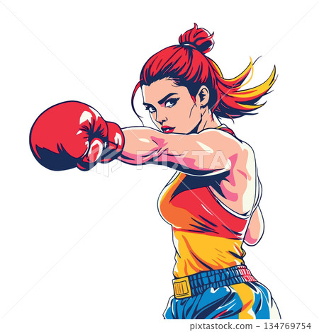 Vsai woman boxer throwing a punch illustrating empowerment and strength Vsai woman boxer throwing a punch illustrating empowerment and strength 134769754