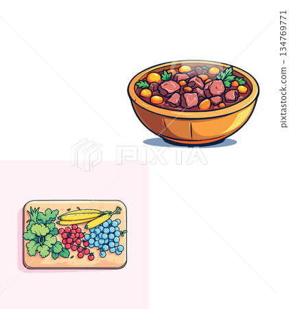Vsai stew with ingredients on cutting board cartoon illustration Vsai stew with ingredients on cutting board cartoon illustration 134769771