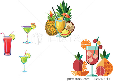 Vsai refreshing tropical cocktails with fruit garnishes and pineapples 134769914