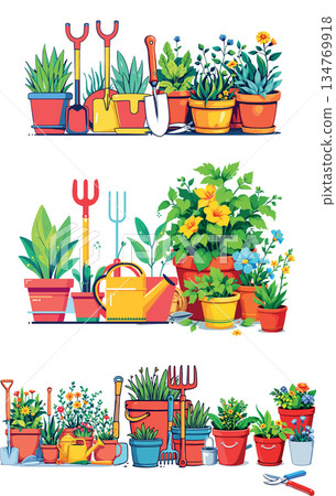 Vsai gardening tools and potted plants background banner 134769918