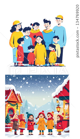 Vsai happy family and kids caroling in winter village Vsai happy family and kids caroling in winter village 134769920