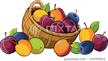 Wicker basket overflowing with fresh plums, apricots, and green plums 134769922