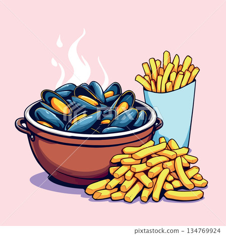 Vsai steaming mussels and crunchy fries presenting moules frites 134769924