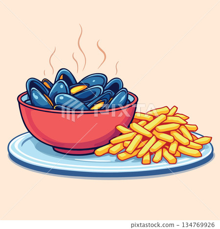 Vsai steaming mussels and french fries on plate Vsai steaming mussels and french fries on plate 134769926