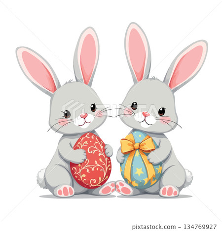 Vsai cute easter bunnies holding decorated eggs for holiday Vsai cute easter bunnies holding decorated eggs for holiday 134769927