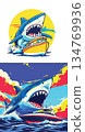 Vsai shark jumping attacking boat in rough ocean water 134769936