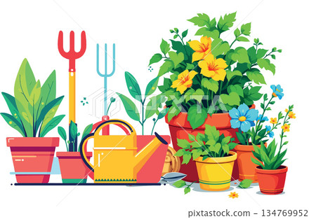 Vsai gardening tools and potted plants flat illustration Vsai gardening tools and potted plants flat illustration 134769952