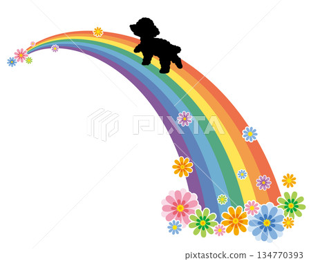 Vector illustration of a silhouette of a toy poodle crossing the Rainbow Bridge and flowers / Rainbow Bridge Vector illustration of a silhouette of a toy poodle crossing the Rainbow Bridge and flowers / Rainbow Bridge 134770393