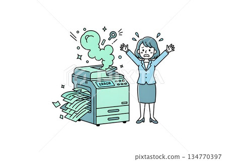 影印機卡紙故障時，一名女員工驚慌失措。 134770397