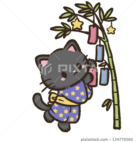 Kawaii black cat reaching for colorful tanabata wish papers under bamboo branches wearing a soft star patterned summer yukata in a calm magical japanese festival night illustration 134770560