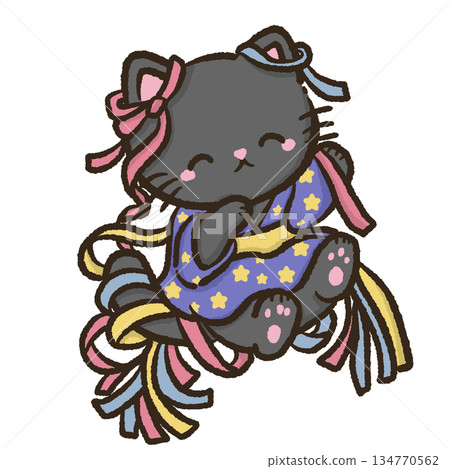 Kawaii black cat floating gently with long pastel tanabata ribbons and soft star patterns wearing a cute summer yukata dreamy japanese festival illustration perfect for cozy magical seasonal clipart u Kawaii black cat floating gently with long pastel tanabata ribbons and soft star patterns wearing a cute summer yukata dreamy japanese festival illustration perfect for cozy magical seasonal clipart u 134770562