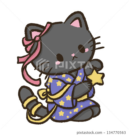 Joyful black cat in star patterned yukata holding glowing festival star charm with ribbon bow gentle movement magical tanabata celebration cute japanese style art Joyful black cat in star patterned yukata holding glowing festival star charm with ribbon bow gentle movement magical tanabata celebration cute japanese style art 134770563