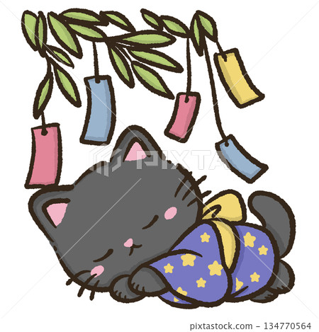 Midnight festival sleepy black cat wearing starry yukata resting peacefully under bamboo wishes and tanabata charms dreamy summer night kawaii illustration Midnight festival sleepy black cat wearing starry yukata resting peacefully under bamboo wishes and tanabata charms dreamy summer night kawaii illustration 134770564