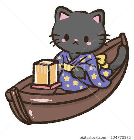 Cozy kawaii black cat wearing starry yukata relaxing on a wooden boat holding a soft glowing lantern peaceful night festival mood gentle pastel illustration for cute themed designs Cozy kawaii black cat wearing starry yukata relaxing on a wooden boat holding a soft glowing lantern peaceful night festival mood gentle pastel illustration for cute themed designs 134770572