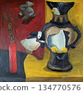 Still life. Penguin. Vase. Vector illustration. Yellow, white and red colors. 134770576