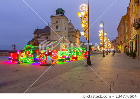 Old Town Buildings in Warsaw Poland with Christmas Lights 134770604