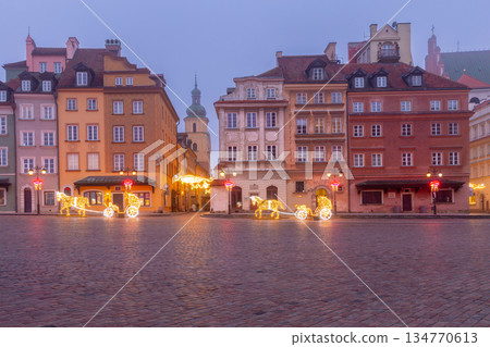 Old Town Buildings in Warsaw Poland with Christmas Lights 134770613
