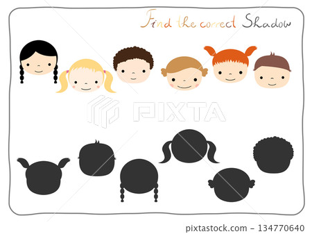 Find the correct shadow - matching game for children learning to distinguish different shapes and silhouettes with boys and girls faces 134770640