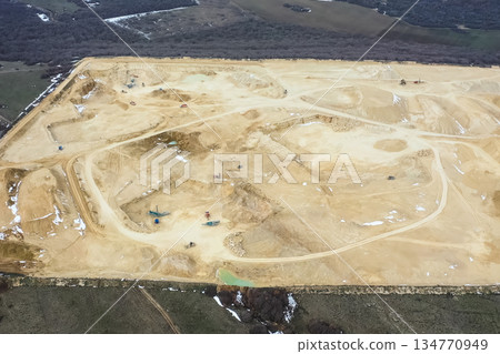 Clay quarry, top view. Clay mining in quarry. 134770949