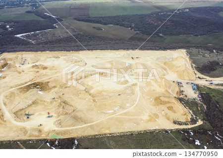 Clay quarry, top view. Clay mining in quarry. 134770950