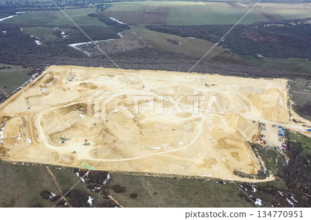 Clay quarry, top view. Clay mining in quarry. 134770951
