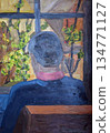 Man sits on a chair and looks out the window. Painting style. 134771127
