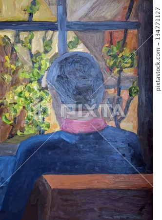 Man sits on a chair and looks out the window. Painting style. 134771127