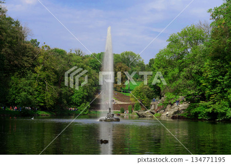 Fountain in the city park in the middle of the lake Fountain in the city park in the middle of the lake 134771195