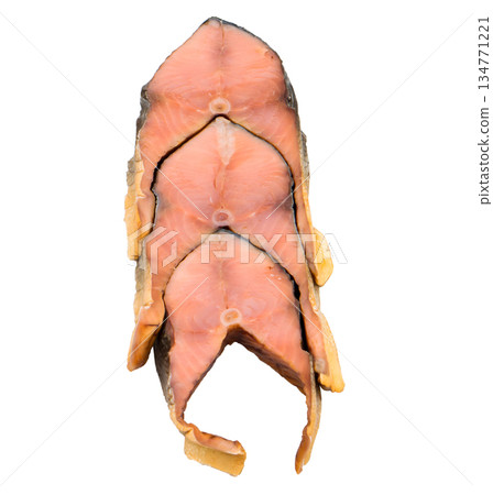 Piece of cut fish pink salmon, on white background isolated 134771221