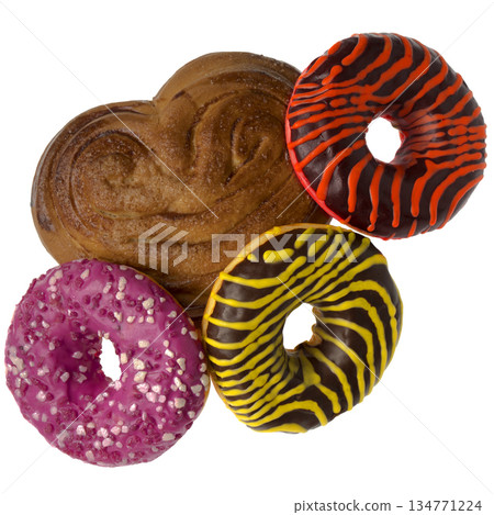 Appetizing American donuts and other pastries on white plate isolated Appetizing American donuts and other pastries on white plate isolated 134771224