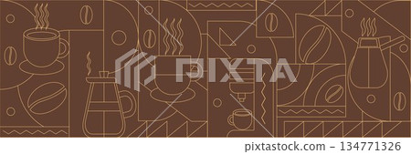 Geometric coffee pattern in minimalist style. Geometric line drawing. Abstract print background with simple shapes for coffee shop, food packaging, cafe wall, menu. Geometric coffee pattern in minimalist style. Geometric line drawing. Abstract print background with simple shapes for coffee shop, food packaging, cafe wall, menu. 134771326