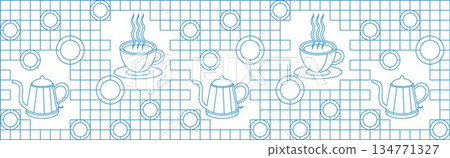 Geometric coffee pattern in minimalist style. Geometric line drawing. Abstract print background with simple shapes for coffee shop, food packaging, cafe wall, menu. 134771327