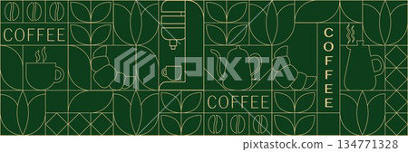 Geometric coffee pattern in minimalist style. Geometric line drawing. Abstract print background with simple shapes for coffee shop, food packaging, cafe wall, menu. Geometric coffee pattern in minimalist style. Geometric line drawing. Abstract print background with simple shapes for coffee shop, food packaging, cafe wall, menu. 134771328