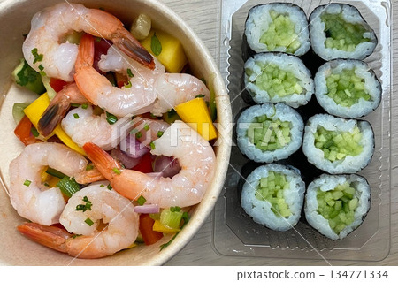 Gourmet Shrimp Ceviche with Cucumber Sushi Rolls 134771334