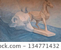 Horse and wolf sculpture. Painting style. Still life. Blue, white and brown colors. 134771432